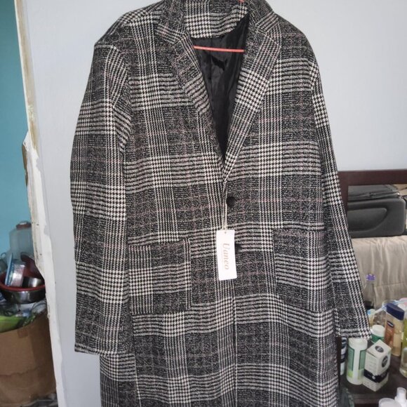 Mens Winter Trench Coat Notched Collar Single Breasted Plaid Mid Long Dark Grey - Picture 8 of 10